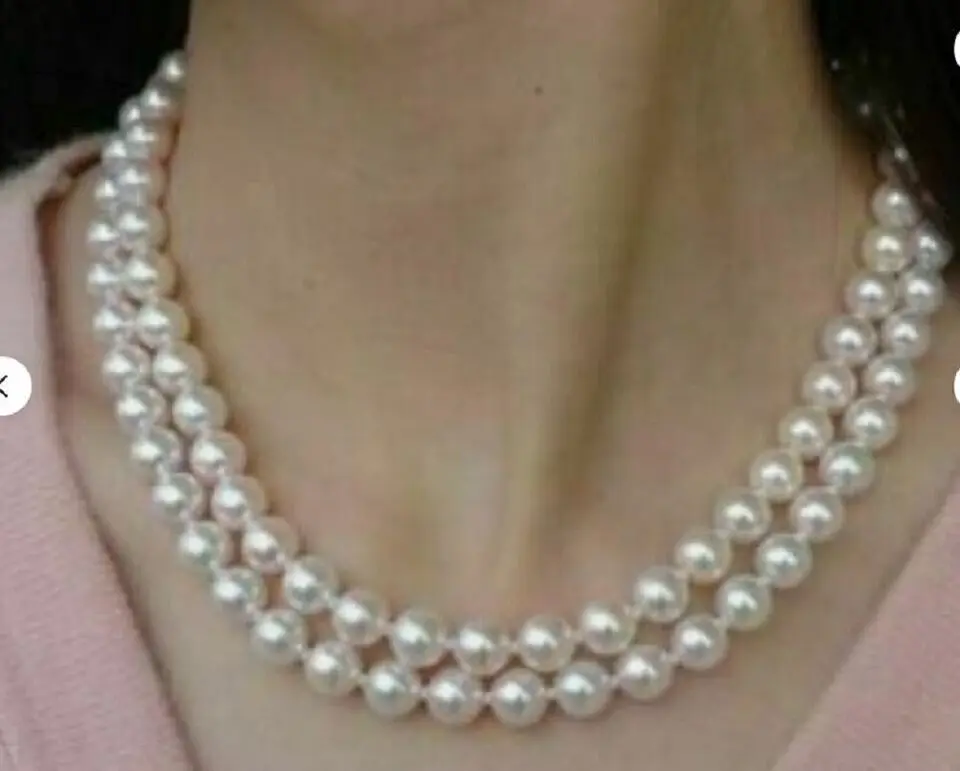 

Two Rows 17"18"L Natural South Sea 8-9mm 9-10mm genuine White round pearl necklace 14K clasp