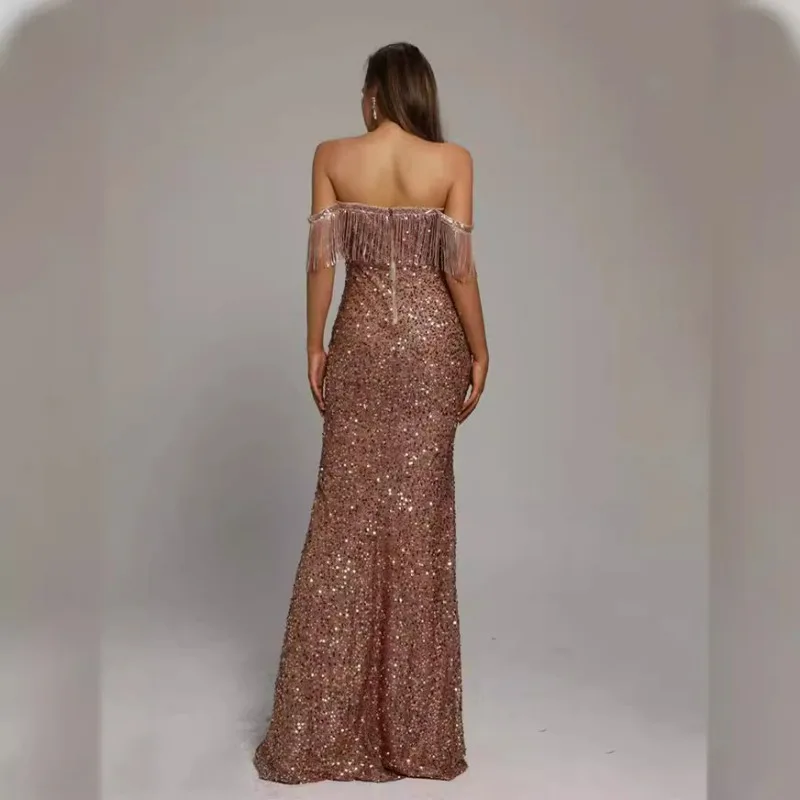 2024 New Spring Summer Banquet Design Sense One-shoulder sequined gold heavy industry evening dress fishtail dress