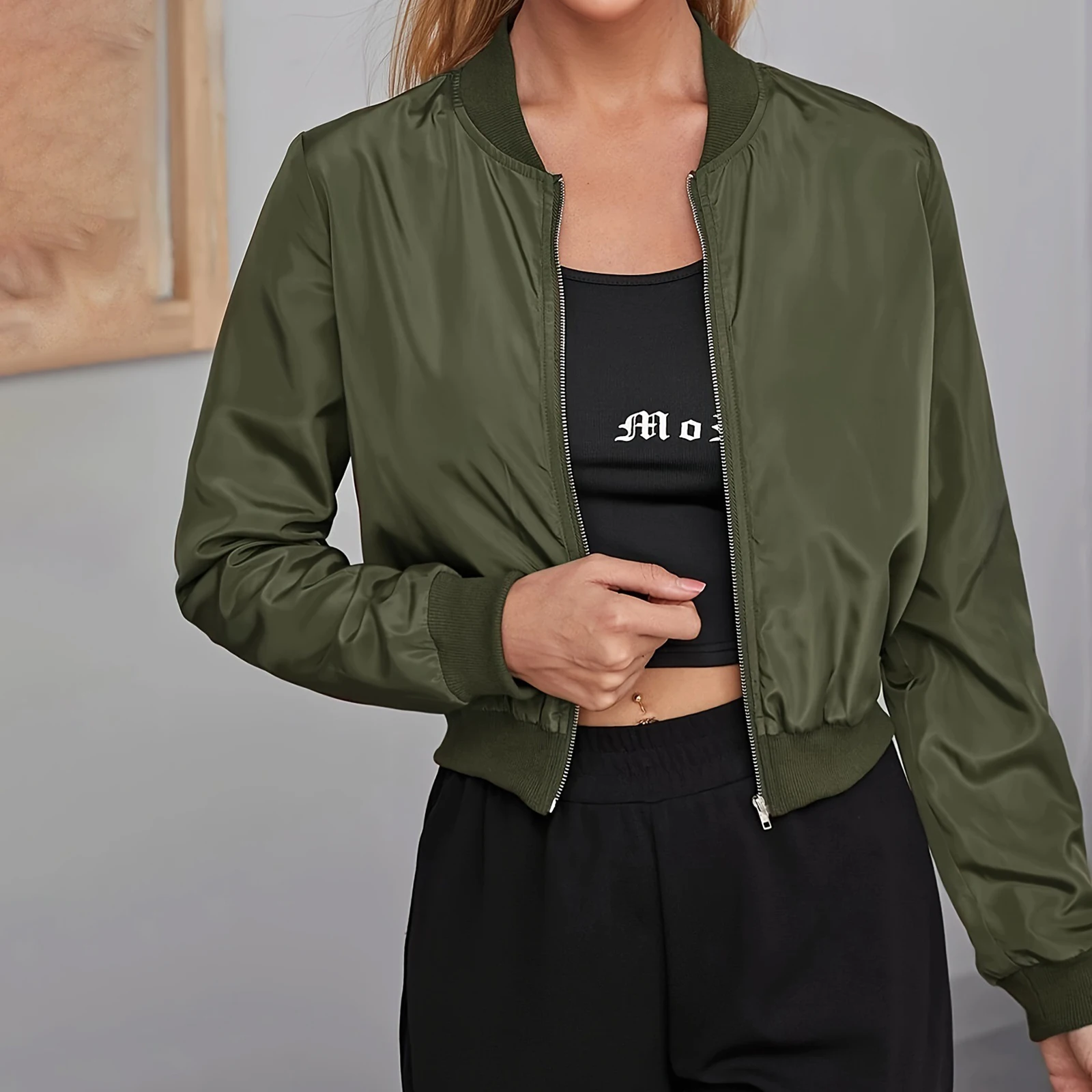 Lamuusaa podzimní bomber bunda dámské oblečení jednobarevný límec s límcem na zip lehký kabát 2000s crop topy y2k svrchní oblečení - náhled 5