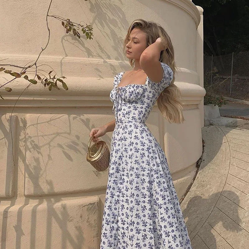 Y2k Vintage Blue Floral Dress Women Elegant Party Fashion Summer Puff Sleeve Sexy Split Long Dresses for Womens Aesthetic 2024