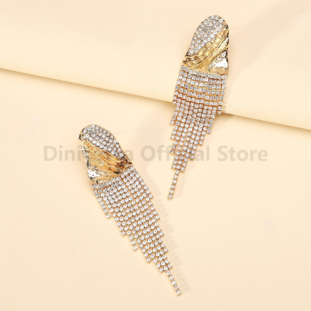 Shiny Rhinestone Metal Tassel Long Dangle Drop Earrings For Women Luxury Quality Charm Fairy Elegant Wedding Party Jewelry Gift