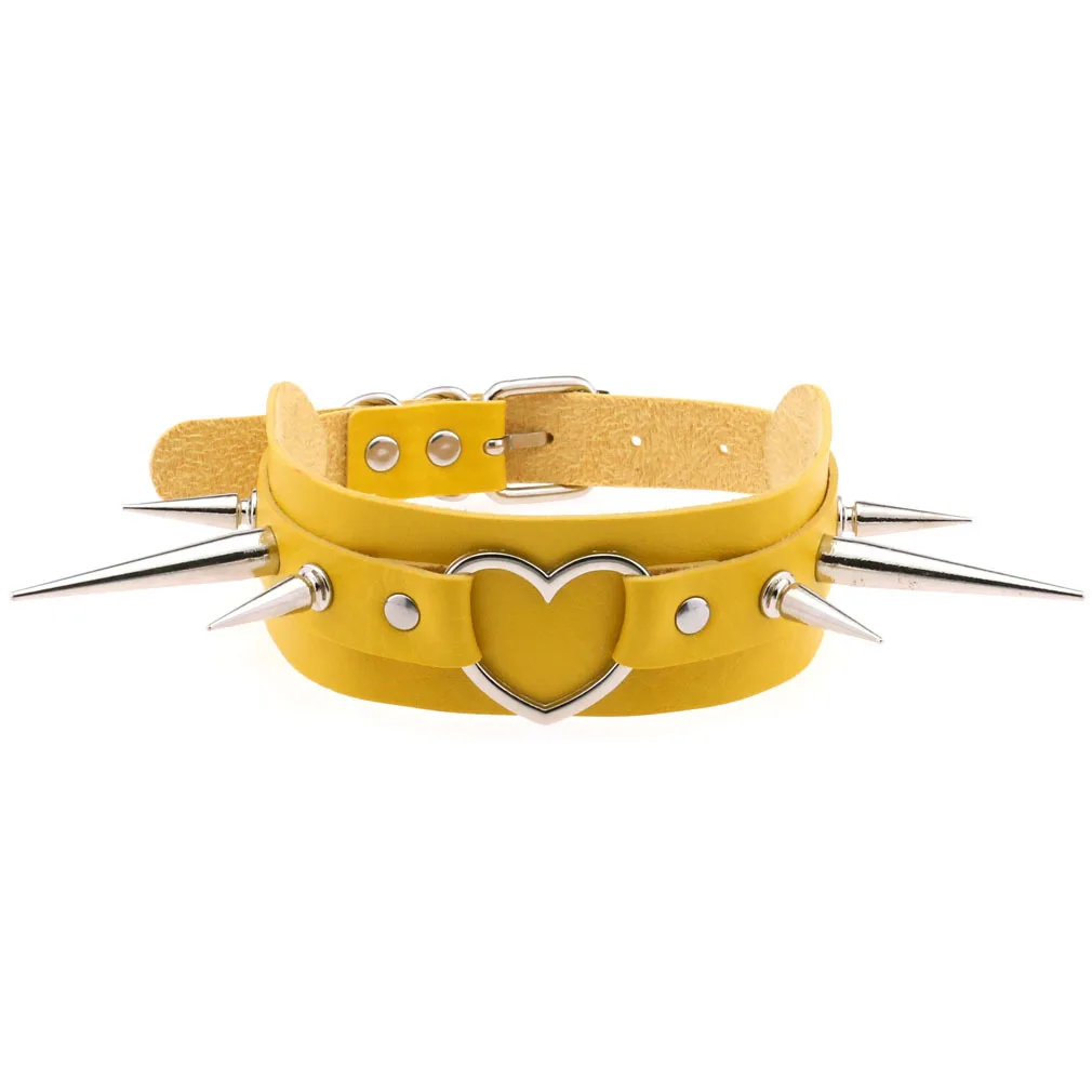 Punk Gothic Personality Super cool Creativity Exaggeration Heart shape Long rivet Multicolored Leather Stainless steel Necklace