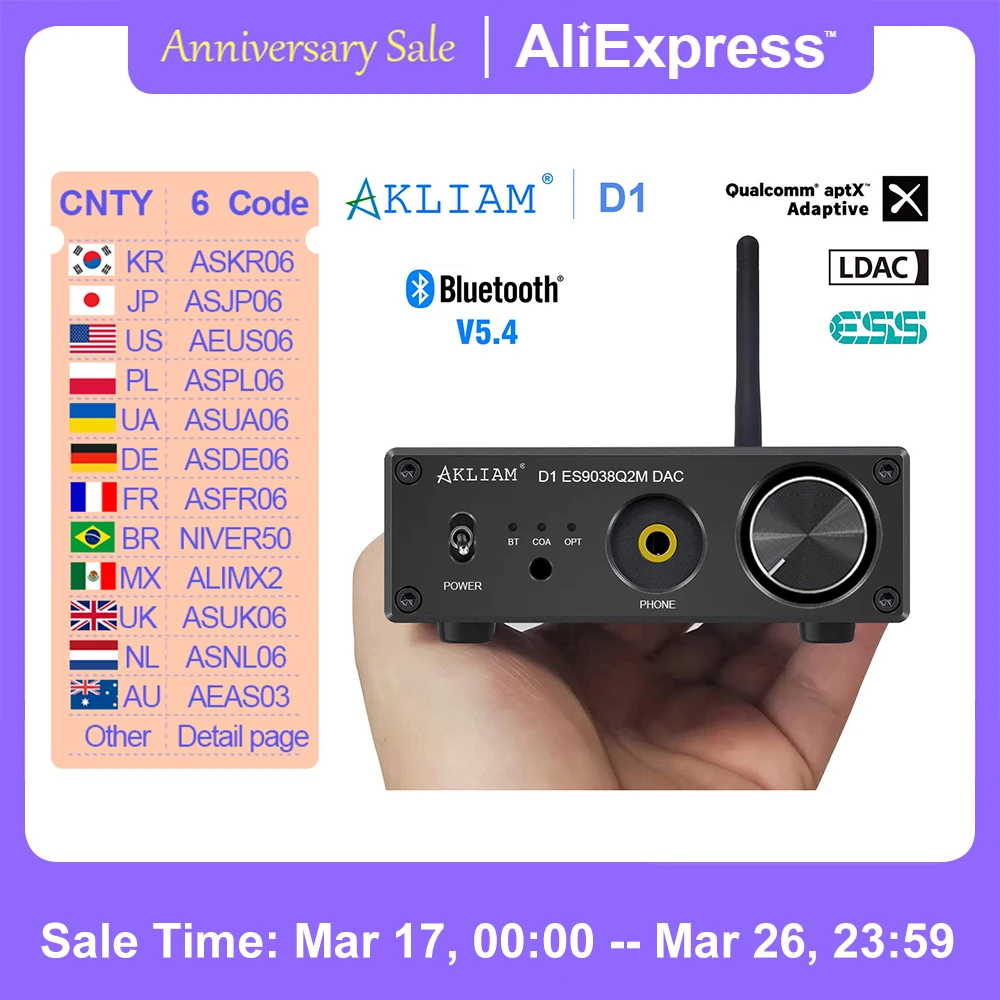 AkLIAM D1 ES9038Q2M DAC APTX-HD LDAC Aptx-Adaptive QCC3084 Bluetooth 5.4 DAC HIFI Sound Decoder