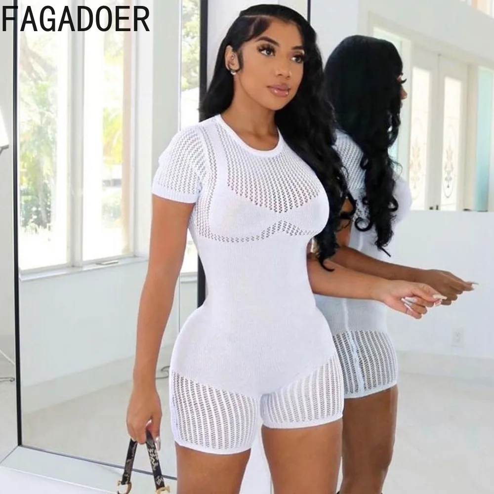 

FAGADOER Summer 2024 Knit Women Jumpsuit Women Stretch Thicker Hollow Short Sleeve Bodycon Rompers Fashion Sexy Club Streetwear