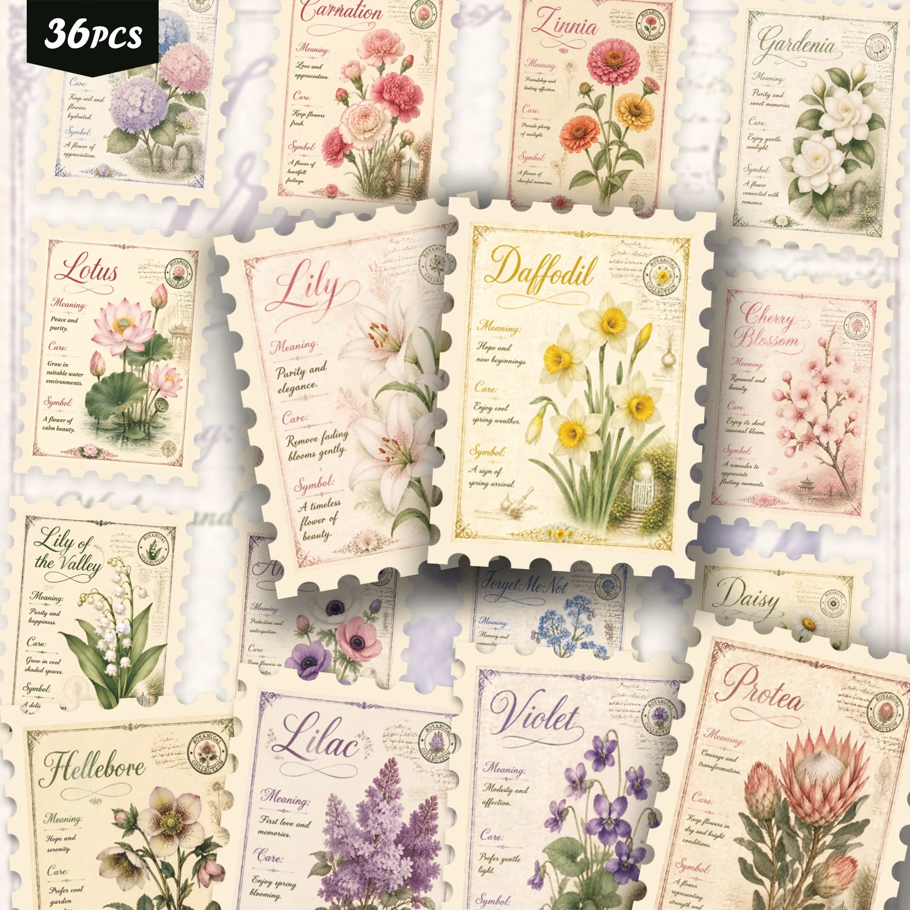36PCS Retro Botanical Decorative Sticker Set, assorted vintage flower illustrations, gentle nostalgic vibe, perfect for journals