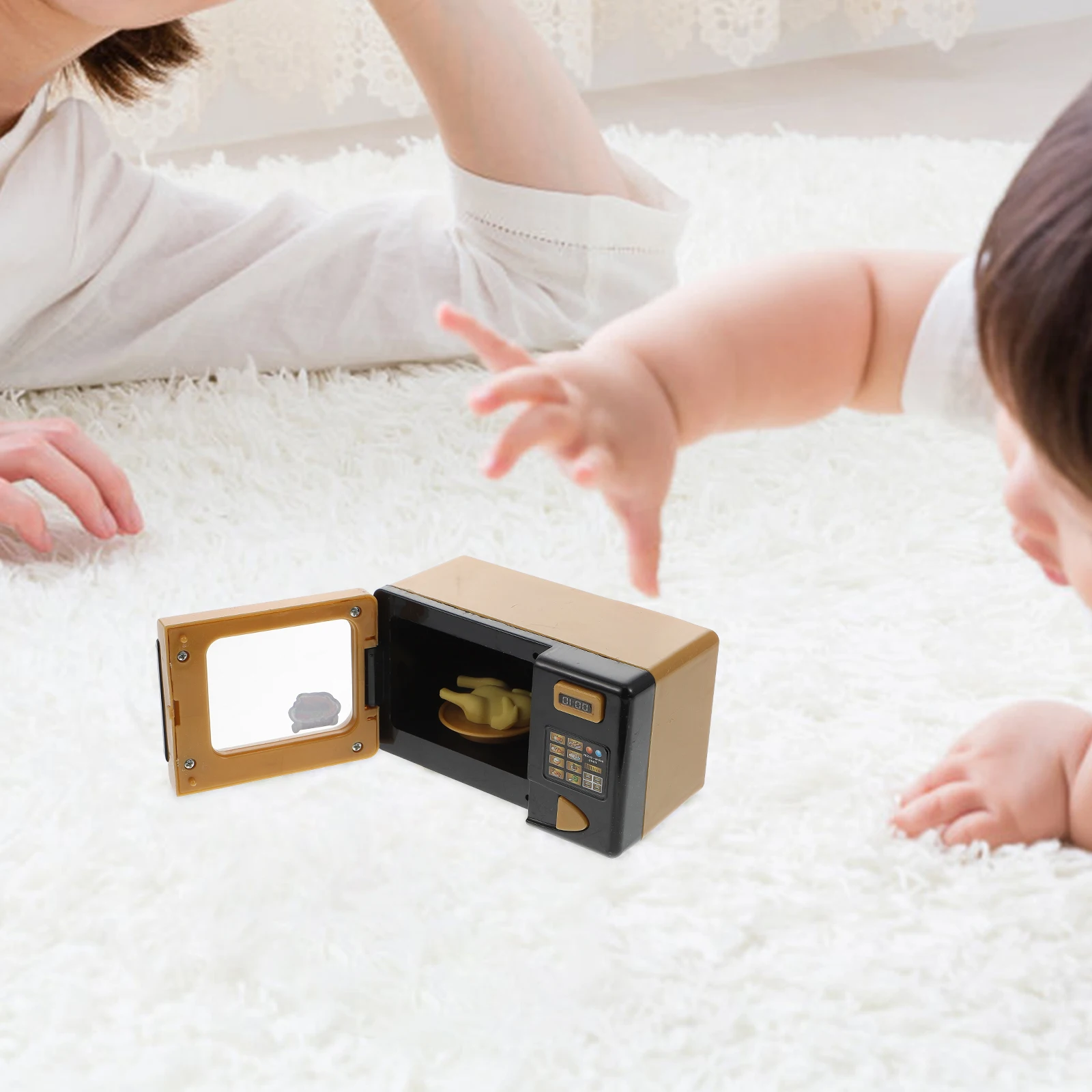 لعبة ميكروويف صغيرة ذهبية صغيرة لفرن الميكروويف البلاستيكي للأطفال أجهزة المطبخ سلسة وآمنة وممتعة للتطوير المعرفي