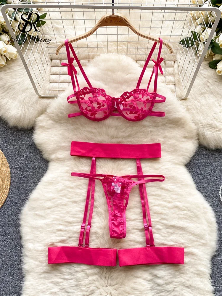 

SINGREINY Floral Embroidery Sexy Bra & Brief Sets Transparent Short Camis+Sensual Thongs Ladies Backless Erotic Underwear Suits