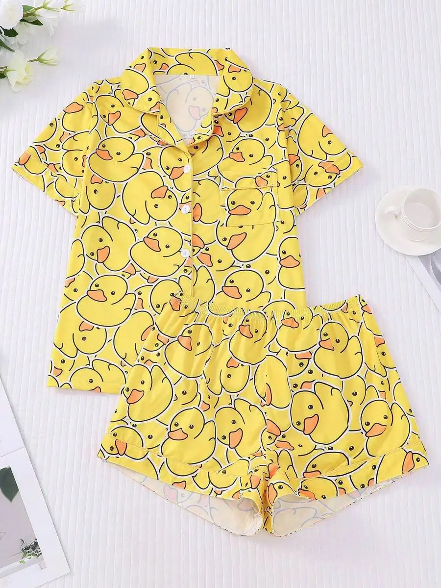 

2pcs Women Duck Print Pajama Set Button-Up Short Sleeve Top Elastic Waist Shorts
