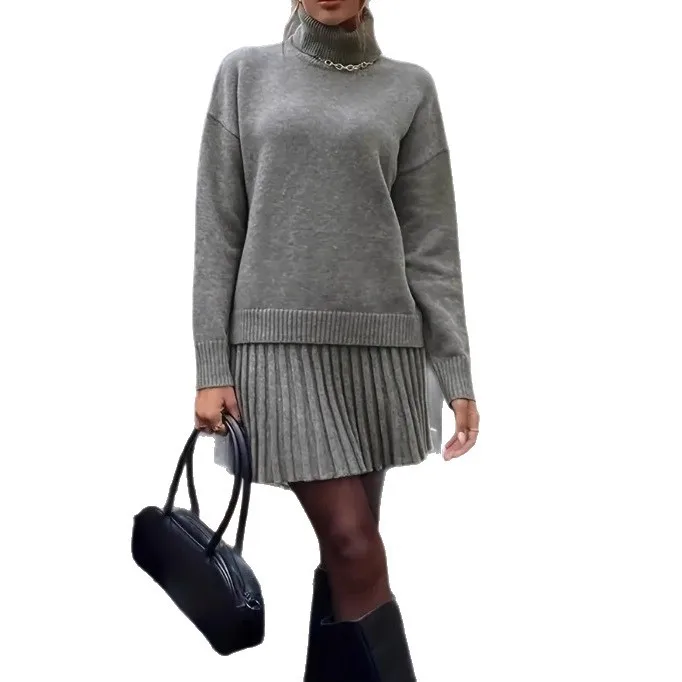 2025 New Fashionable Knitted Turtleneck Shirt + Skirt Two-piece Sets Women Autumn Casual Loose Top Mini Skirt Suit For Women