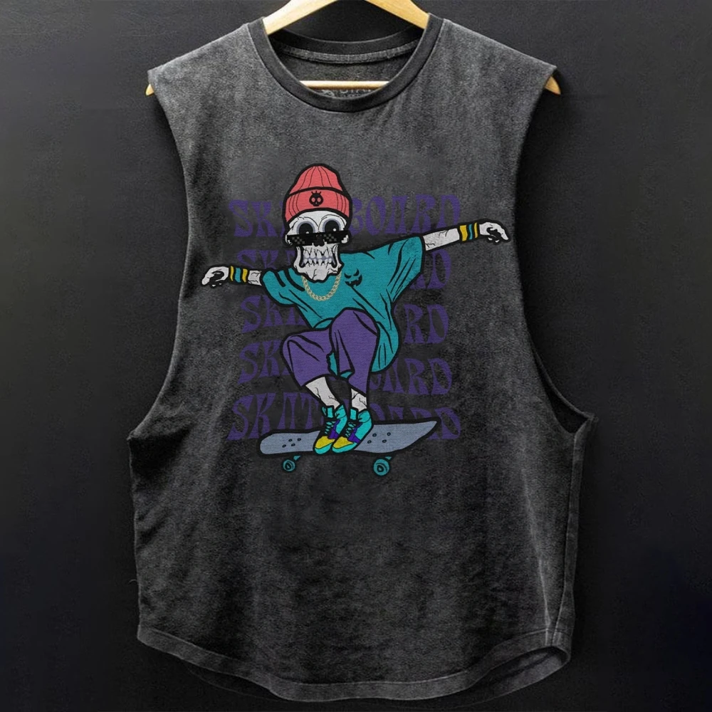 Trendy Skull Skate Tee, Y2k 90s Stylish Tank Top, Skateboard Skeleton Traf, Clean-Cut Black Sleeveless Style,Causal Top,Gym Tank