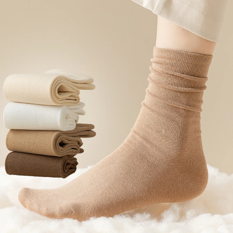 Soft Cotton Mid-Tube Socks Simple Solid Color Trendy Korean Style Autumn Winter Kids Pile Socks Suitable Pregnant Women Socks