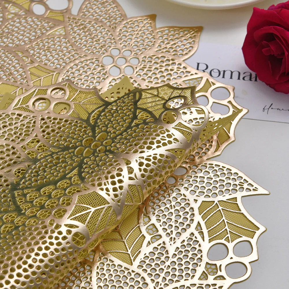 1pc Irregular Hollow Flower Placemat PVC Insulation Pad Hot Stamping Dining Table Decoration Mat Coffee Cup Coaster Tablecloth