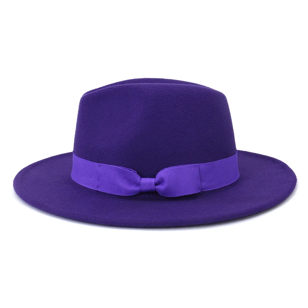 Lavender Ikatan Simpul Fedoras Lebar Brim Topi Panama Merasa Topi Jazz Hat Church Cap Inggris Wanita Fedoras untuk Pria