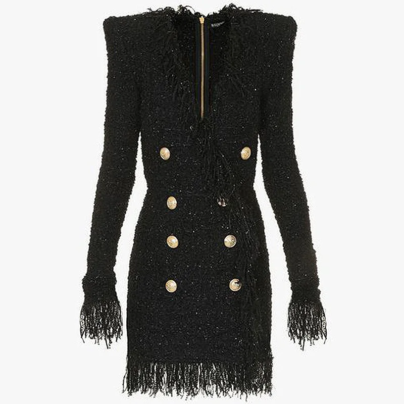 

Women V-Neck Black Solid Dress Tassel Sheath Long Sleeve Dress