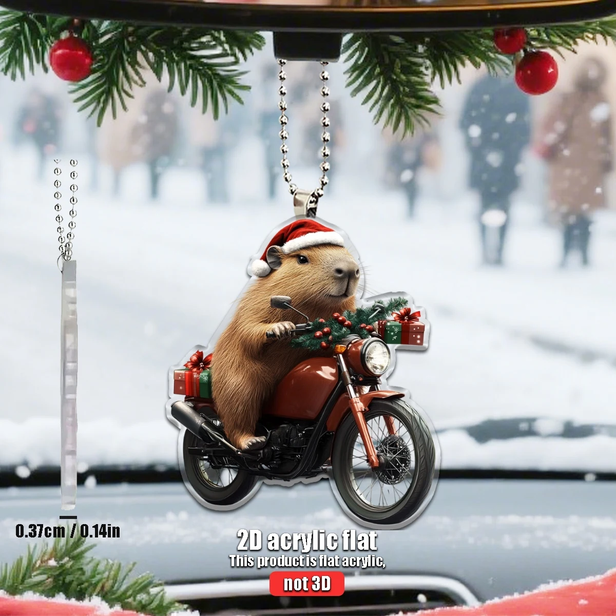 1/4 2D Christmas Hat Capybara Riding Motorcycle Suitable for Car Home Festival Decoration Christmas Tree Pendant Christmas Gift
