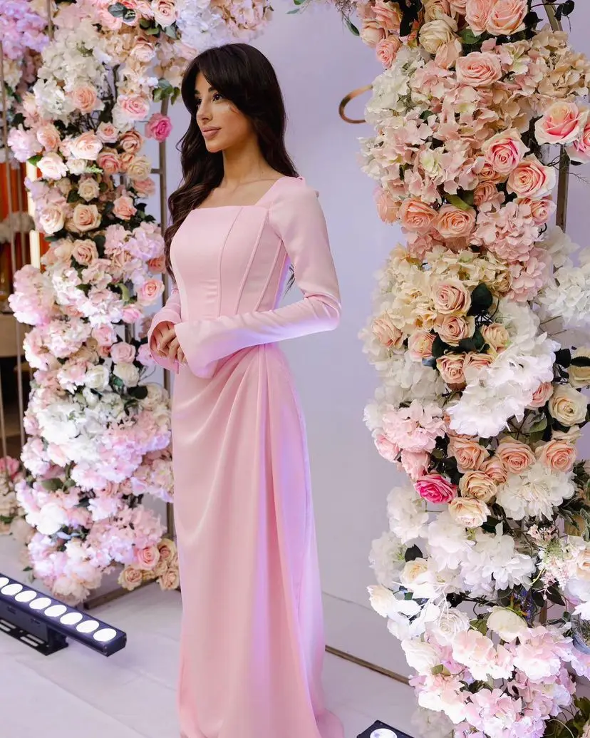 

Elegant Mermaid Long Sleeves Prom Dresses Square Neck Floor Length Party Dresses Pleated Evening Dresses