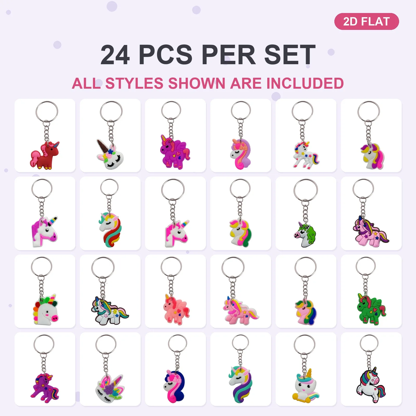 24 Pcs Unicorn Keychain Set, 2D Flat Soft PVC Bag Charms, Purse Pendant Decor, Cute and Lightweight