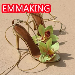 Fashion Flower Lace Up Sandals Gold Ankle Cross Strap Single Sole Heels Womens Shoes Floral Party Sandals Ladies Dress Shoes