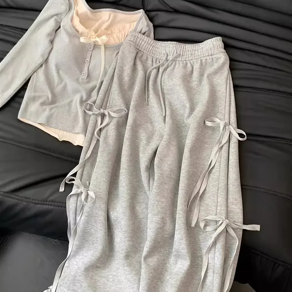 Trendy American Y2K Bow Knot High Waist Pink Sports Pants Spring and Summer Women Casual Slim Lazy Lancet Grey Wide-leg Pants