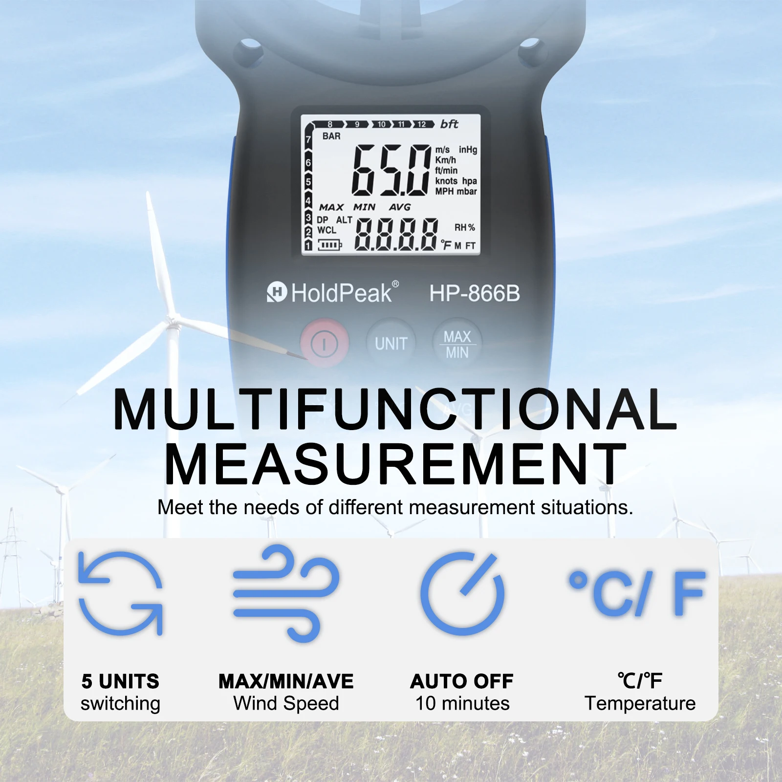 Imagem -03 - Anemômetro Digital Handheld Wind Velocidade Meter Medindo a Velocidade do Vento Temperatura e Wind Chill Measure Tool Holdpeak-hp866b
