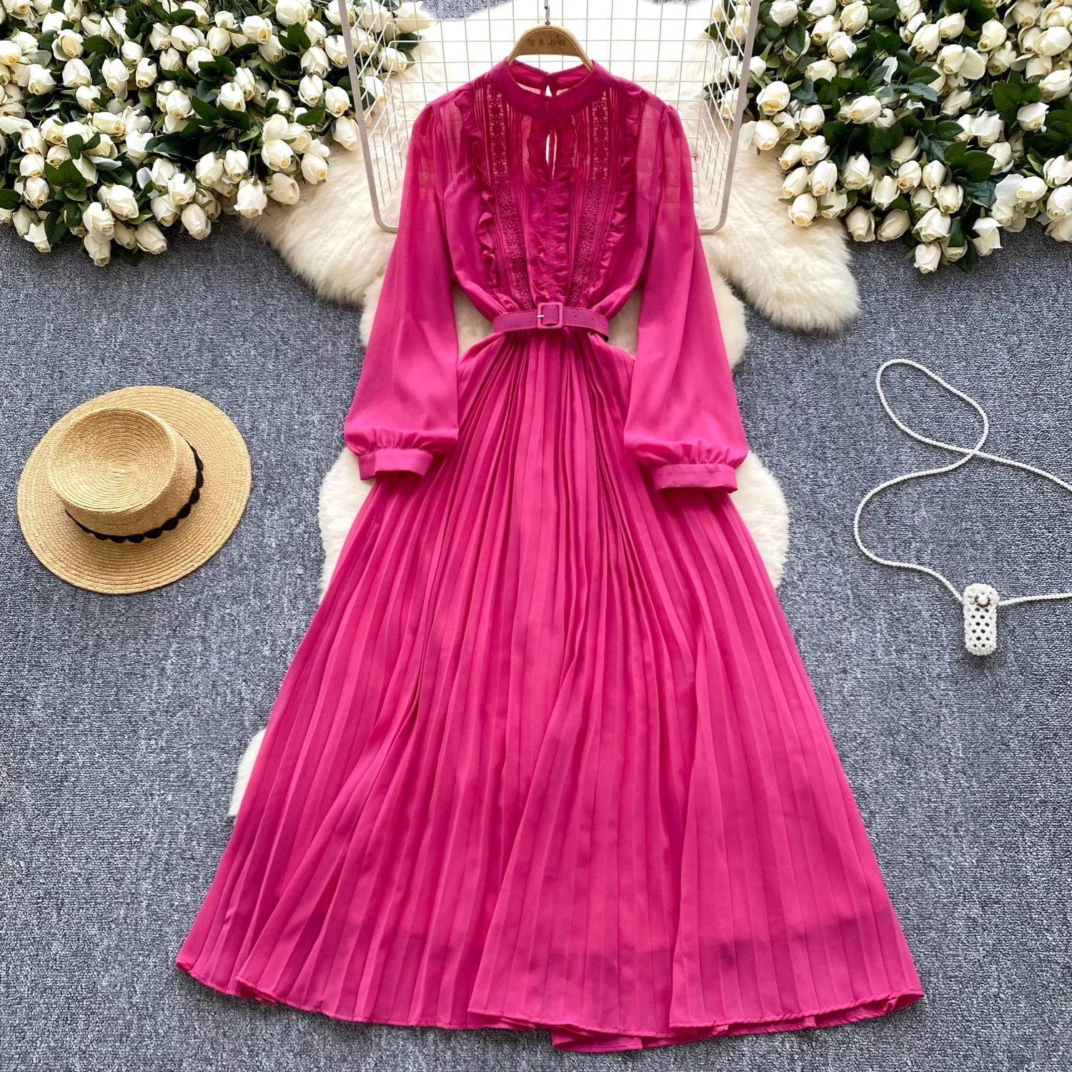 Chic Korean Fashion Mesh O-Neck Sashes Long Sleeve Edible Tree Fungus Ruched Slim Dress Vintage Women Evening Autumn Clothing