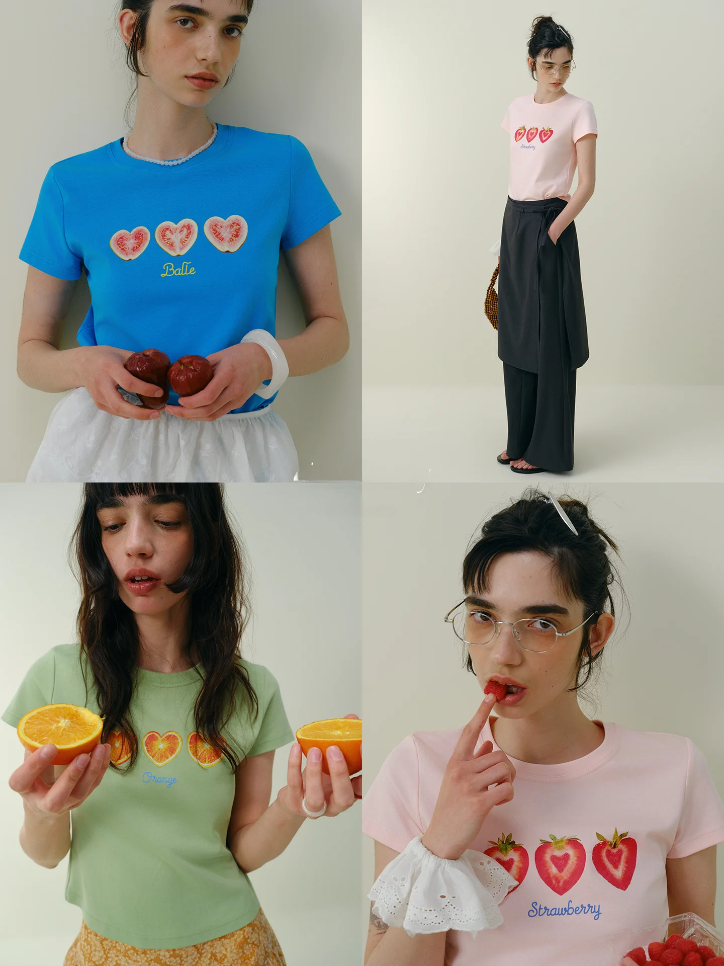 

Rina Berry Summer Short Sleeve T-Shirt Heart Shape Fruit Print Slim Fit Casual round Neck Top Three Colors Korean Style Tee