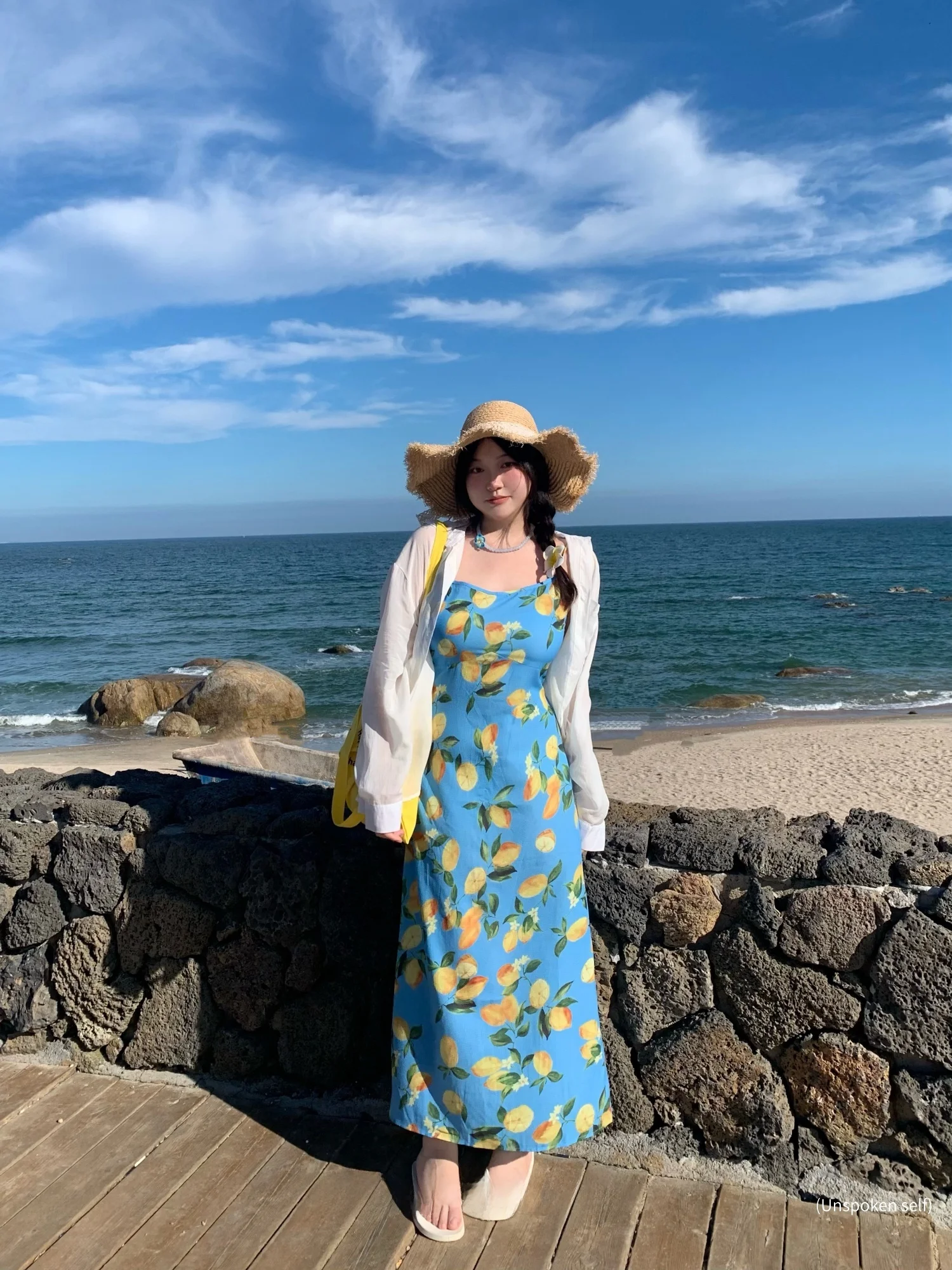 

Large Size Lemon Floral Print A-Line Dr Beach Vaion Strap Women's Dr DEMA Fre Sle High Waist Polyester Fiber