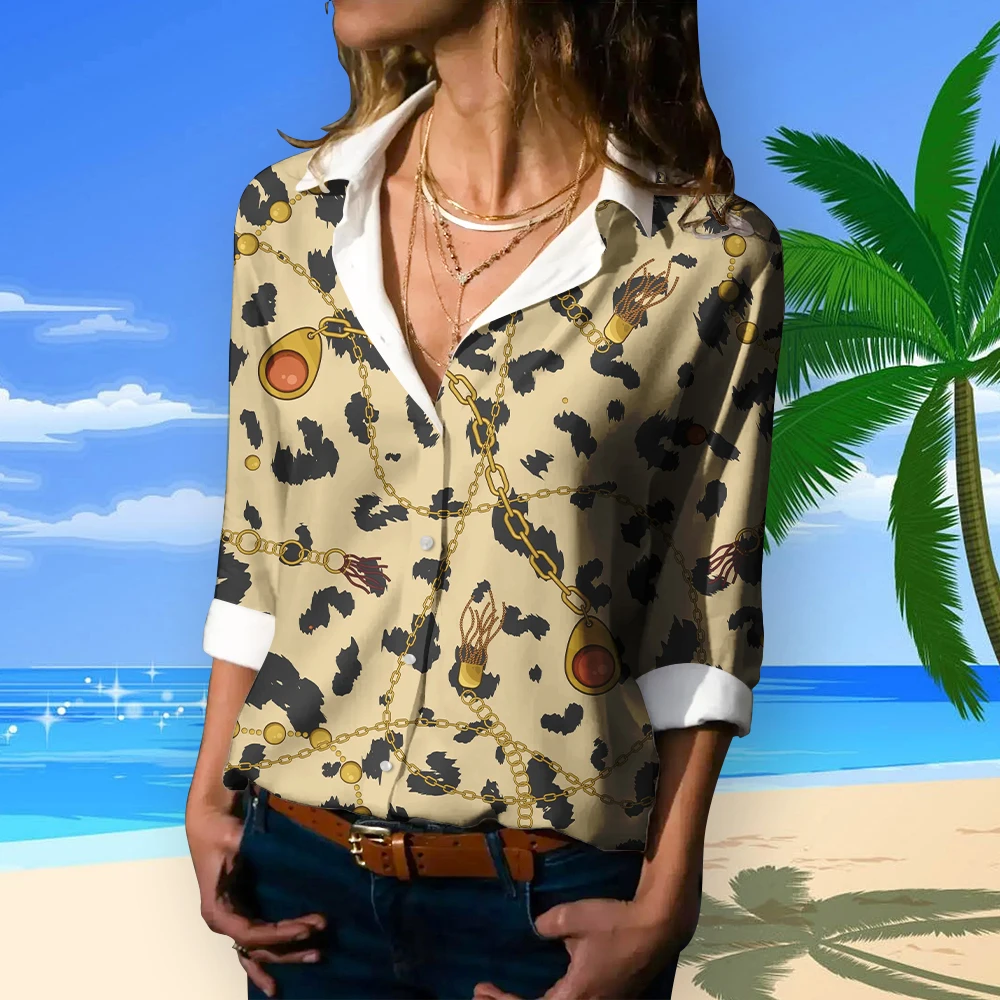 

Spring Summer Women's Long Sleeve Shirts Loose Fashion Basic Lapel Button Tops Elegant Shirts 3D Leopard Printed Button Blouses