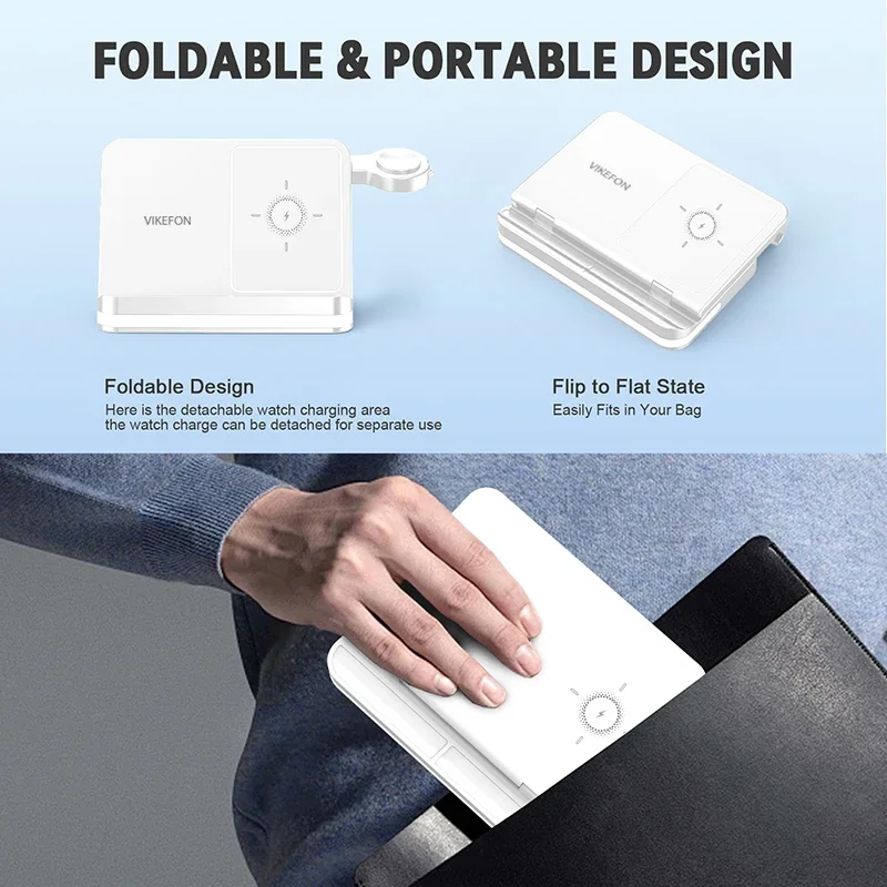 VIKEFON 3 in 1 Foldable Wireless Charger Station for Samsung Z Fold 3 Z Flip S23 S24 Galaxy Watch EarBuds Fast Wireless Charging