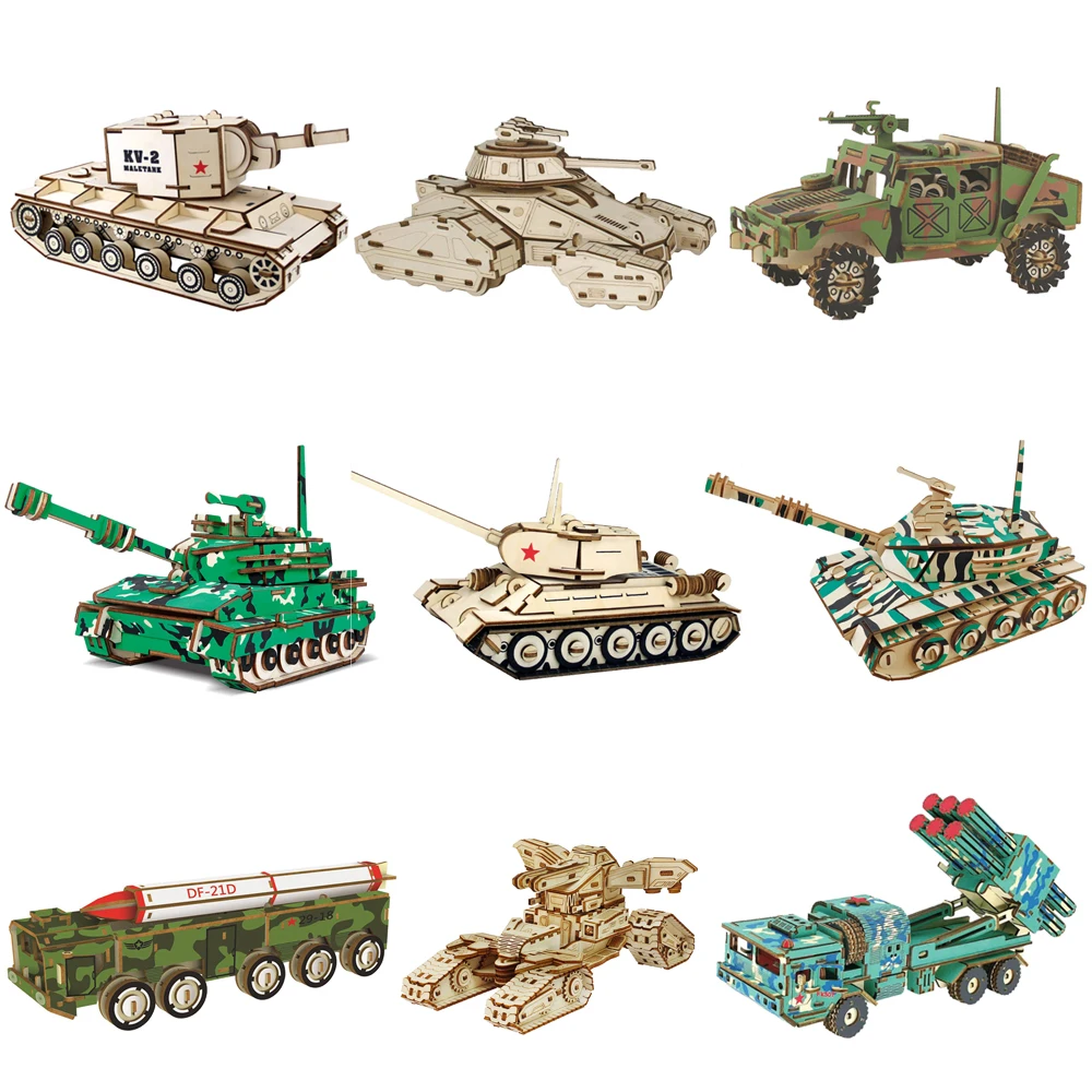 Wooden 3D Puzzle Main Battle Tank Military Model DIY Assembly Kit Missile Vehicle Jigsaw Educational Boys Toys For Children Kids