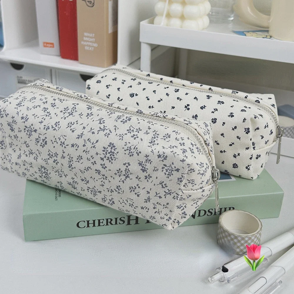 INS Floral Print Pen Bag Simple Cute Pencil Case Large Capacity Multifunctional Canvas Pen Box Desktop Stationery Organizer