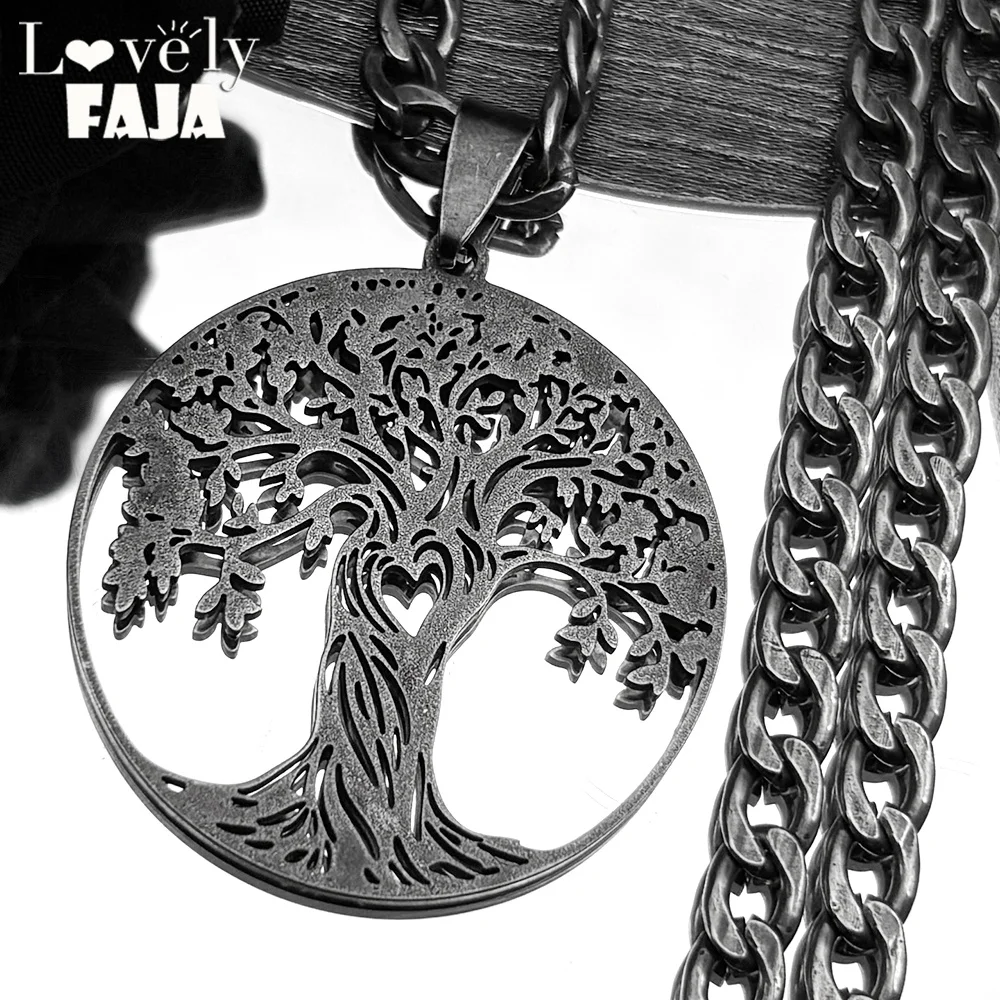 

Aesthetic Tree of Life Love Heart Pendant Necklace for Women Men Stainless Steel Gun Black Color Lucky Amulet Chain Jewelry