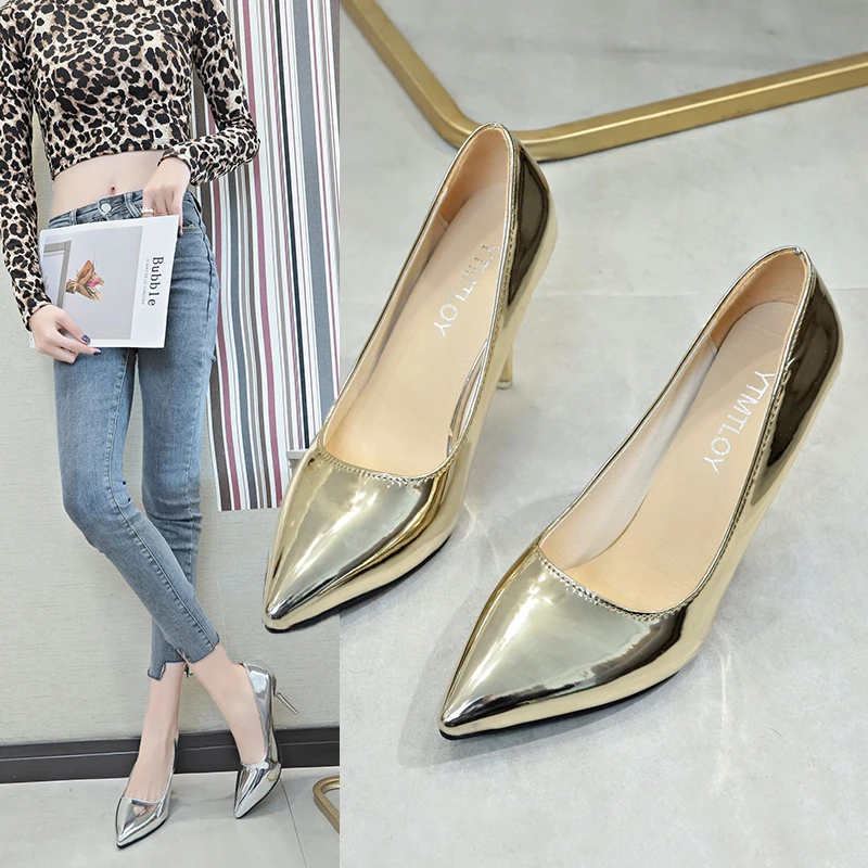 

2023 New Champagne Women Glossy Patent Extremely 9cm High Heels Pointed Toe Slip on Stiletto Pums Solid Formal Dress Shoes Plus