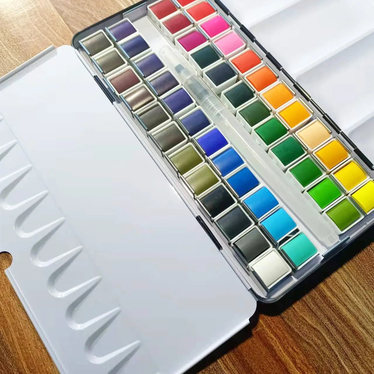 48 Color Solid Watercolor Paint Set with Metal Tin Box, Water Brush and Mixing Palette, Portable Watercolor Pans for Artists