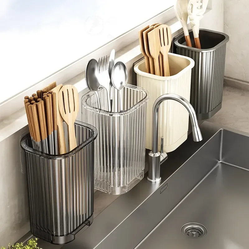 Light Luxury Wall Mounted Chopsticks Holder Kitchen Drainage Storage Box Household Cutlery Rack Organizer Basket Cage