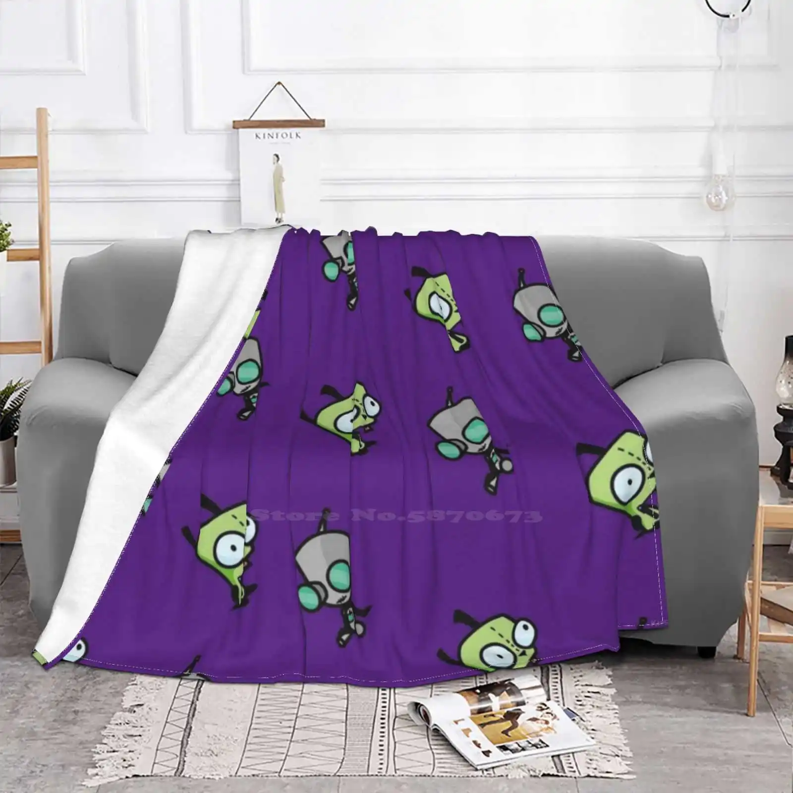 Checkered Gir Pattern [ Diagonal ] Soft Warm Throw Blanket Invader Zim Gir Green Dog Robot Cute