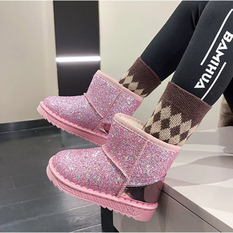 Bottes de neige en velours optique pour enfants, chaussures en coton à paillettes, bottes chaudes en peluche pour tout-petits, mode de rencontre,