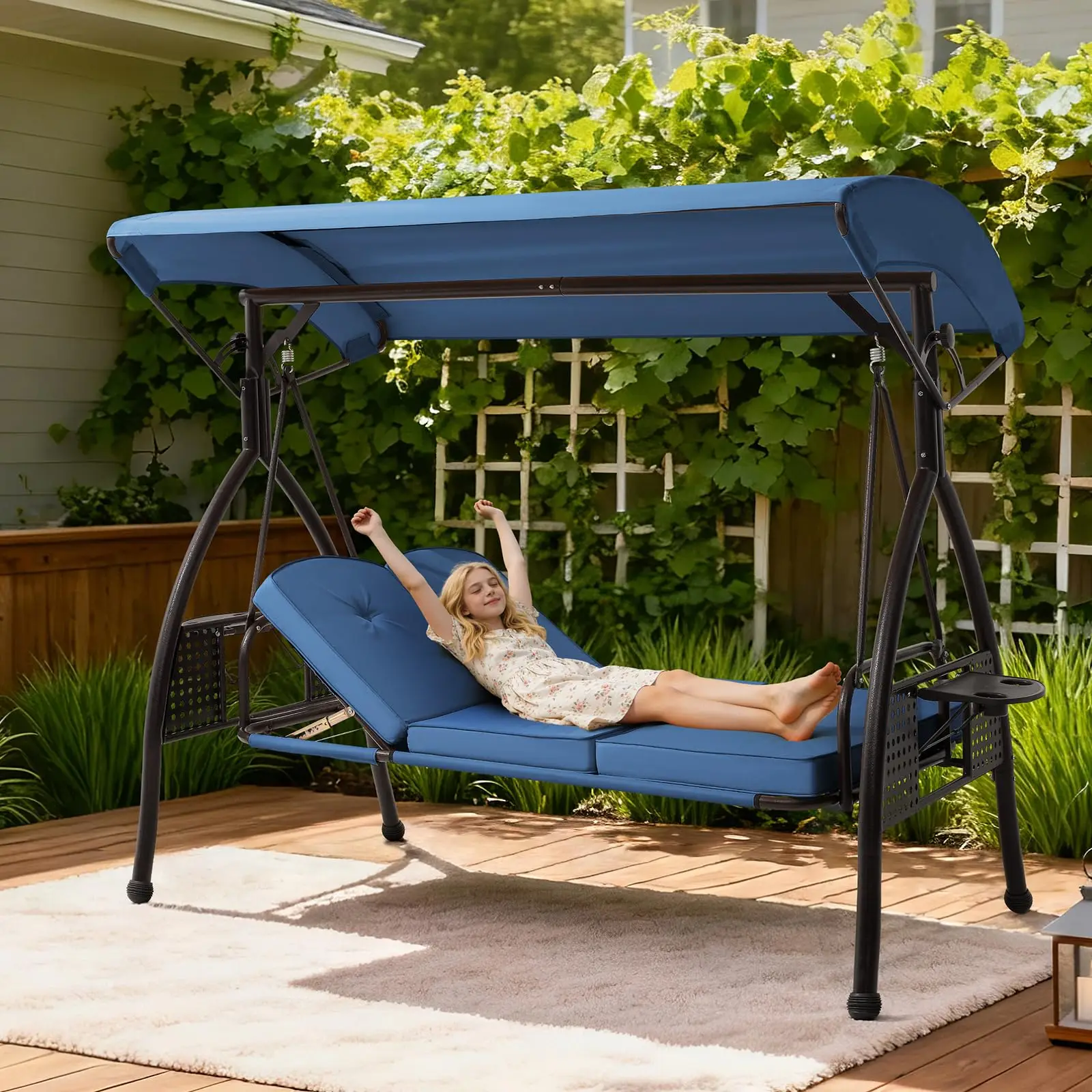 3 Seat Outdoor Porch Patio Swing with Adjustable Canopy& 7-Level Side Seat,Outdoor Swing for Adults,3 in 1 Convertible