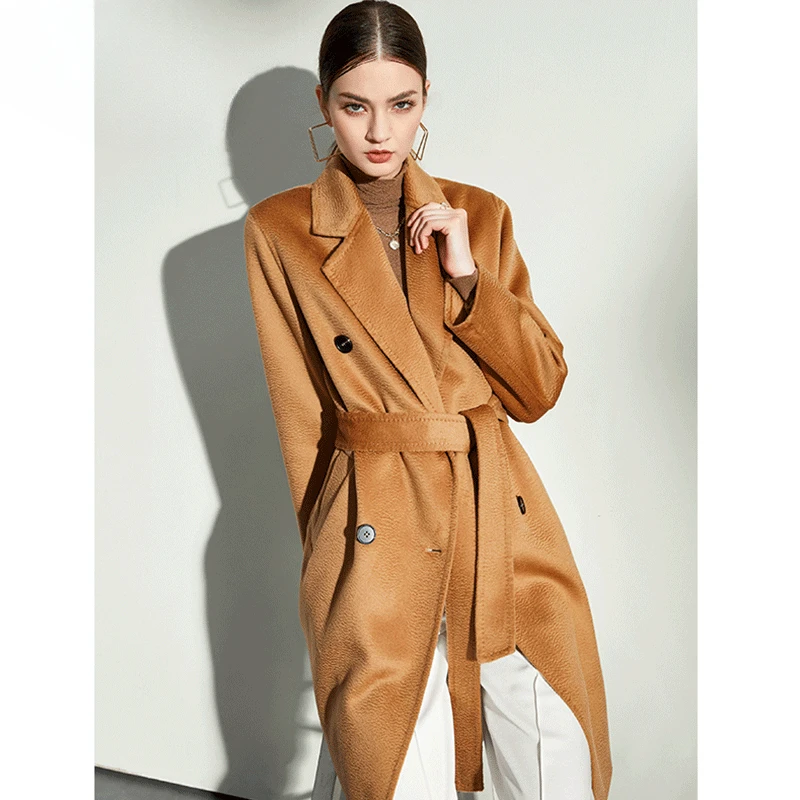 

Cashmere Coat Women's Camel Water Ripple Double-Sided Autumn Winter Fashionable High-End Mid-Length Double-Breasted Suit Collar