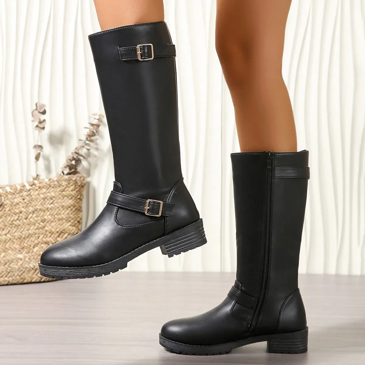 

New Winter Women's Riding Boots 2024 Round Toe Chunky Heel Over-the-Knee High Boots Women's Buckle Platform Shoes Botas Mujer