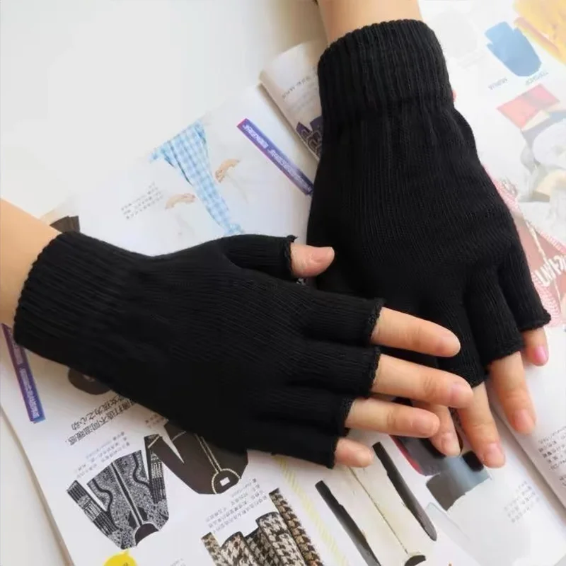 1pair New Punk Gloves Unisex Half Finger Gloves Solid Color Fingerless Gloves Stretch Knitted Winter Mittens Warm Gloves Fashion