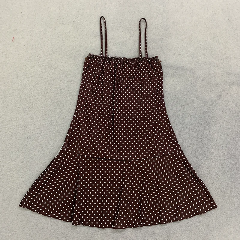 Damen-Minikleid Braun Gepunktet Spaghettiträger Quadratischer Ausschnitt Schleife Rüschenbesatz A-Linie Y2K Sommer Niedliches Freizeitkleid – Detail 10