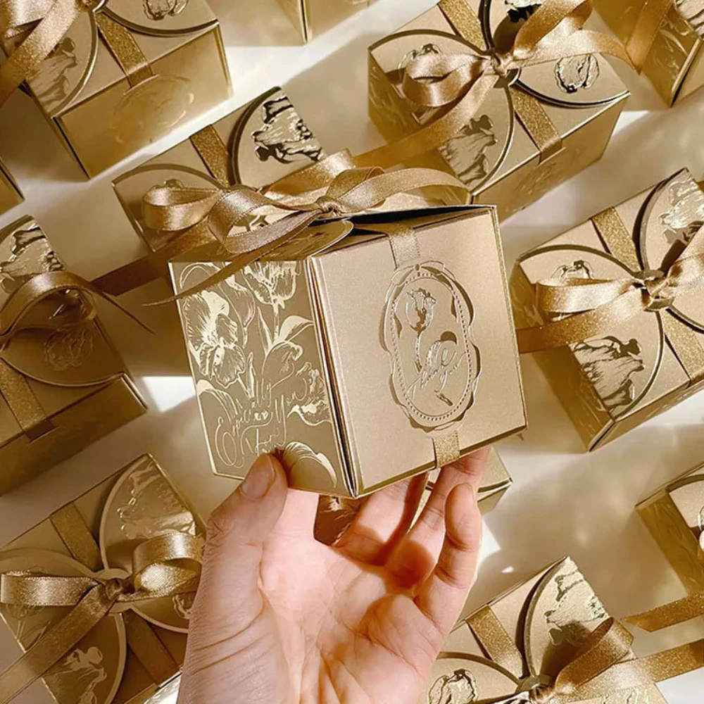 10-100pcs/lot French Sugar Box Light Luxury Golden Candy Champagne Color Wedding Candy Box Wedding Accompanying Paper Gift Box