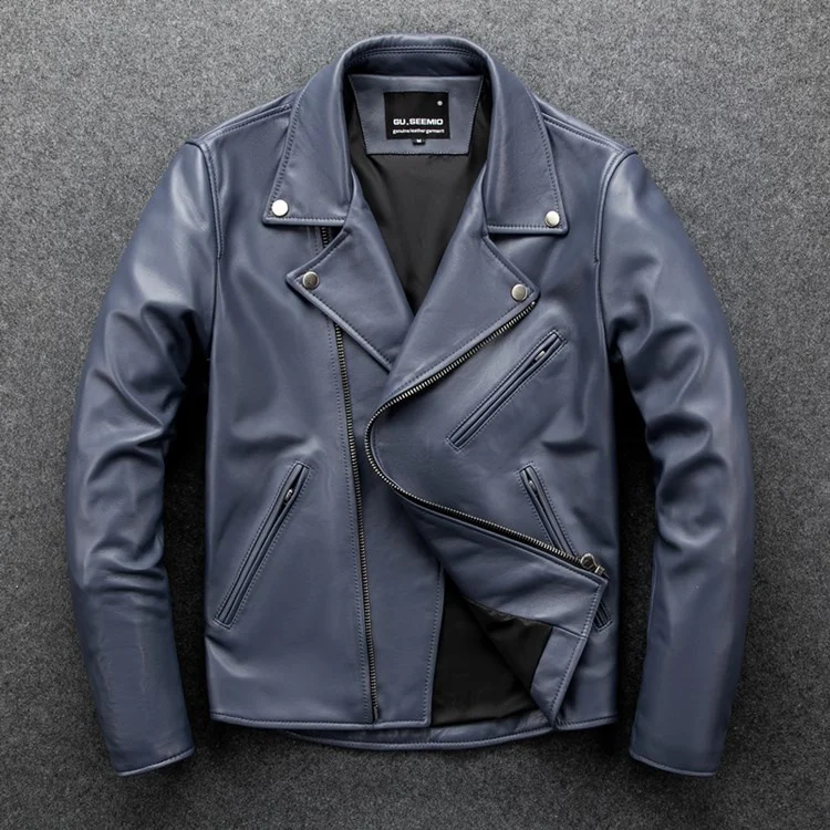 slim blue Free shipping.Men genuine leather jacket.Cool motor biker soft sheepskin leather cloth.quality leather coat.가죽 재킷