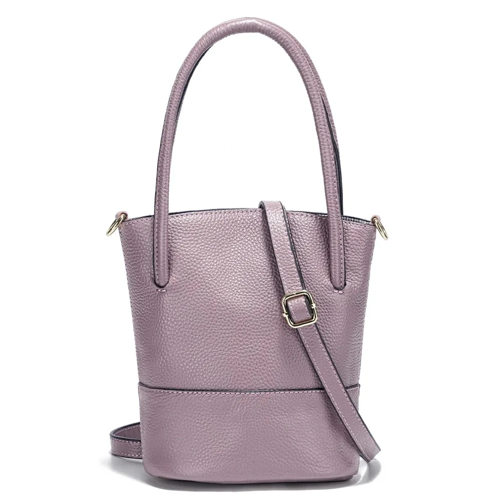 Zency Women Small Cowhide Handbag Shoulder Soft Leather Casual Bucket Bags Large Capacity Simple Taro Purple Handbag Purses