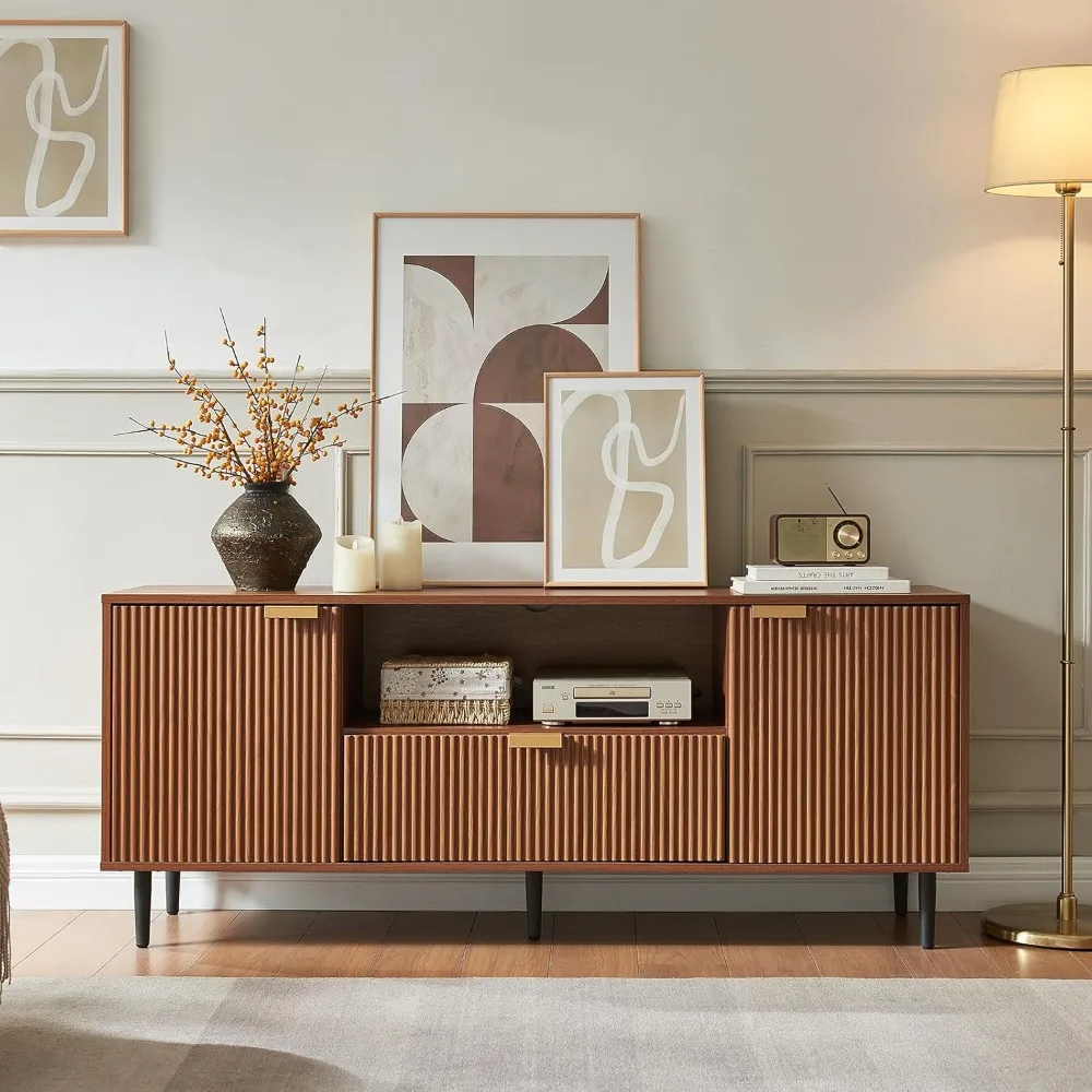 65-Zoll-TV-Ständer – moderne geriffelte Konsole für Wohnzimmer, Medienaufbewahrung mit weichem Scharnier und Schublade, Entertainment-Center aus Holz