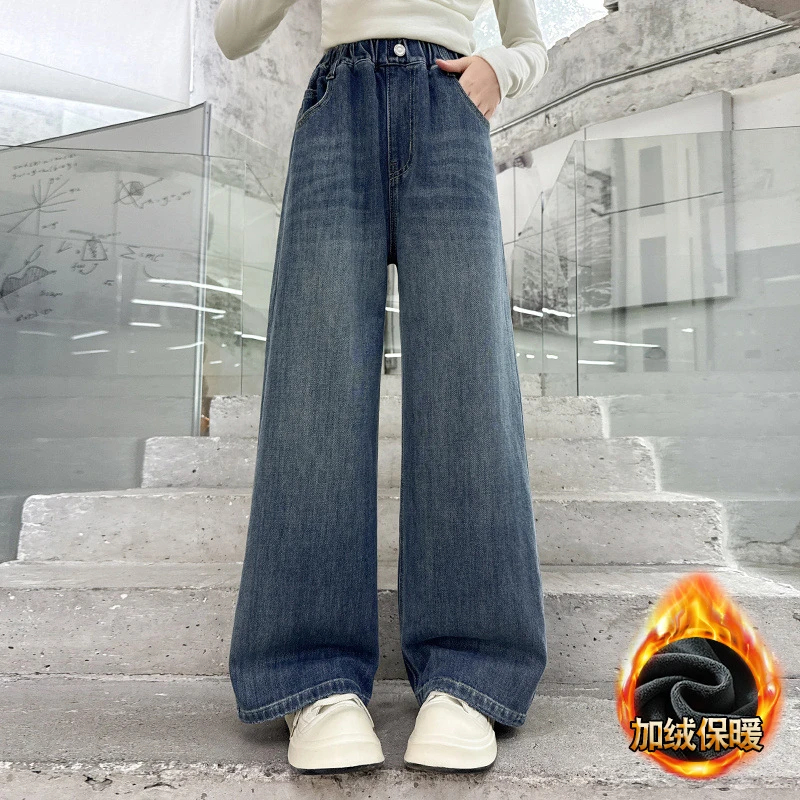 Girls Winter Thermal Jeans with Cherry Embroidery For Child Warm Fleece Denim Pants Teens Kids Loose Straight Insulated Trousers