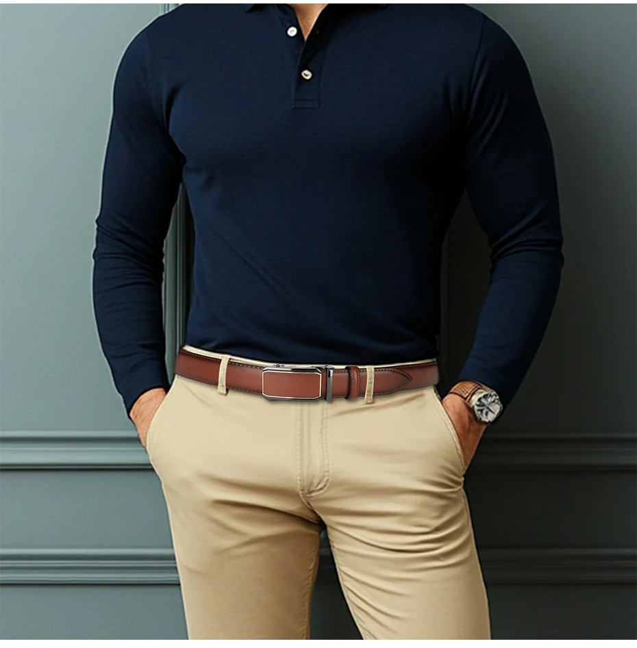Maikun Leder-Ratschengürtel für Herren. Klicken Sie auf Ledergürtel, verstellbarer Schnallenbesatz, passend für Schwarz, Braun – Detail 9