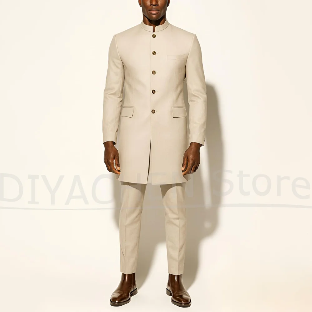 Men's Stand Collar Suit Set Fashion Single Breasted Long Blazer with Pants Elegant Formal Wedding Party Outfits Two Piece