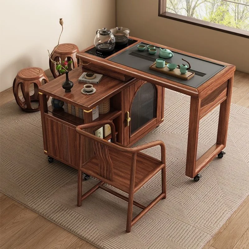 Black walnut solid wood tea table retractable tea table small apartment storage rotary boiling water integrated storage cabinet